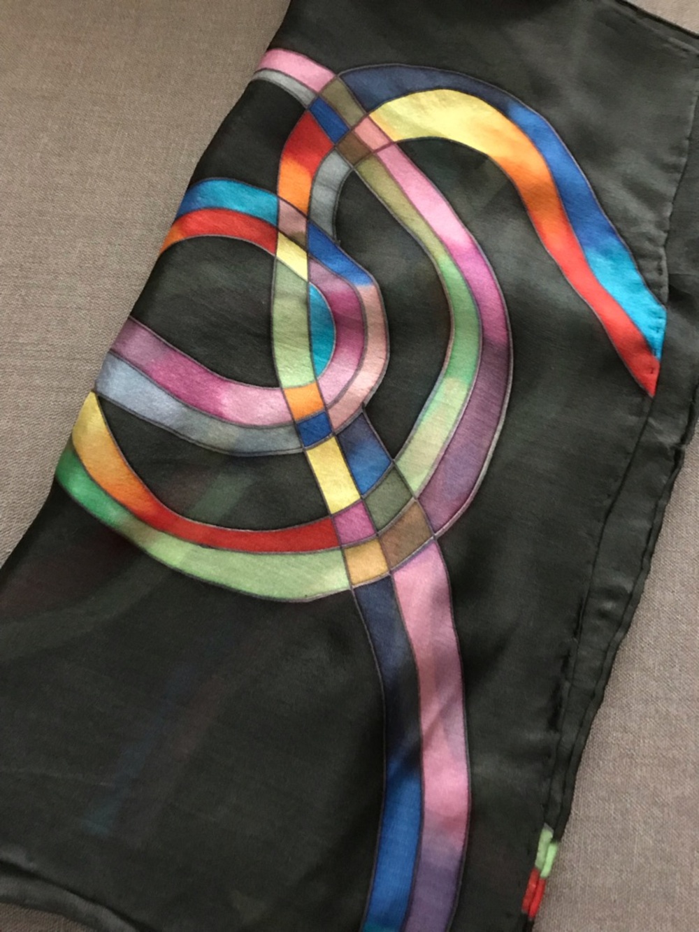 Multicolor Loop Print Black Silk Scarf - Picture 3 of 10